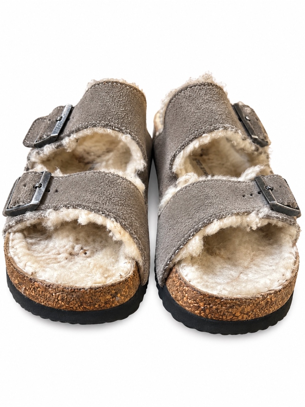 Birkenstock Arizona Shearling Suede Two Strap Sandals Stone Coin Grey 38 7